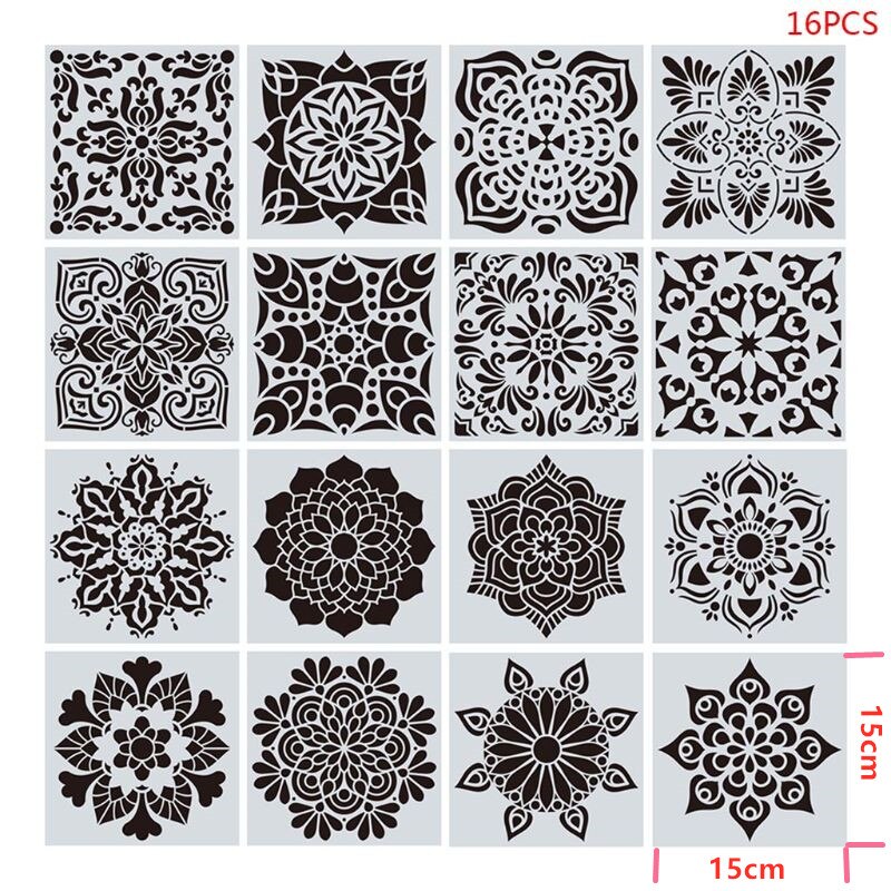 Plantillas de Mandala para pintar, 15x15cm, DIY, para dibujo, álbum de recortes, plantilla de pared, para azulejos de suelo de madera, plantilla de Arte de tela, 16 unids/set por juego: 5AC1103276