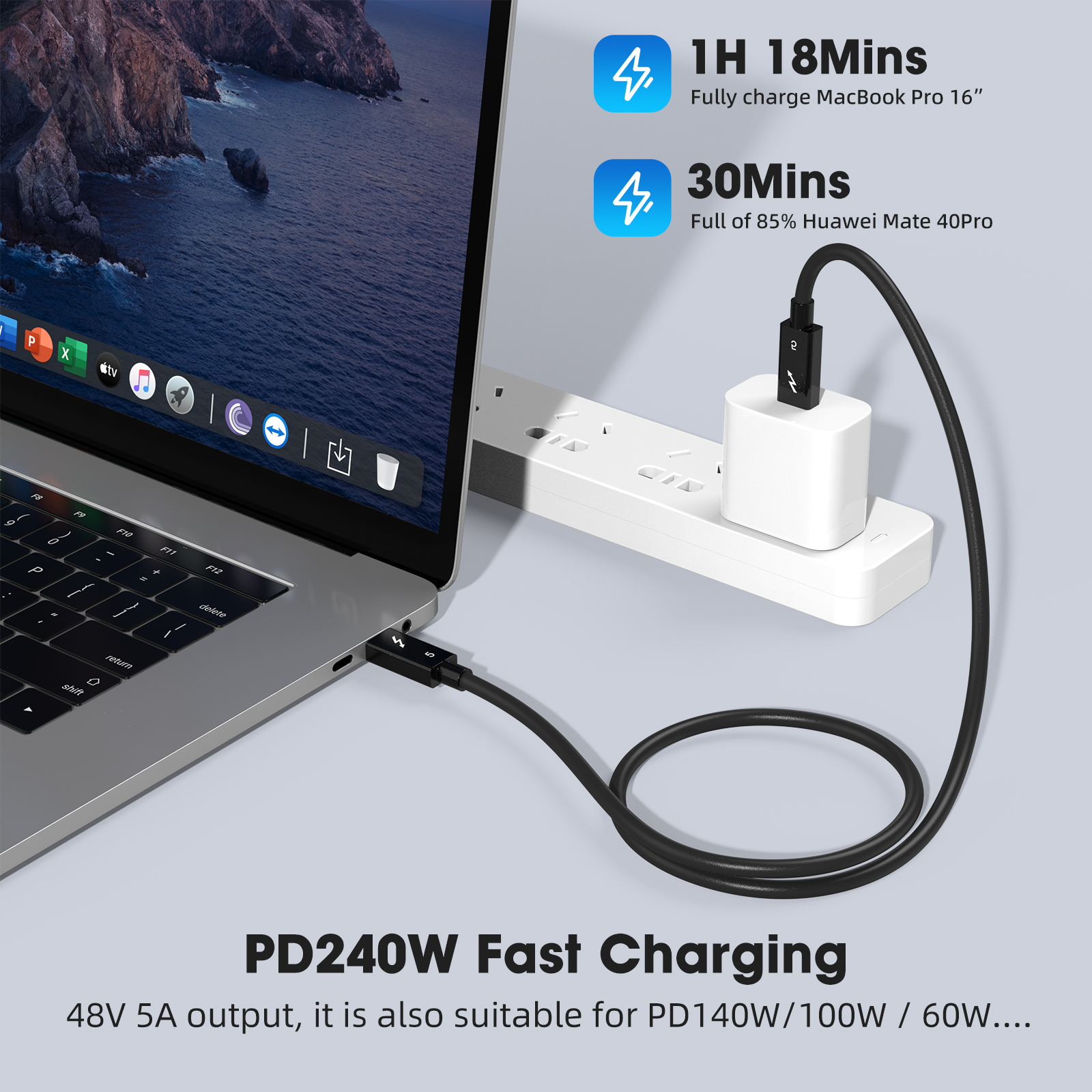 Thunderbolt 5 Cable de datos de función completa 0,5 M 1M 2M PD 240w 16K 30Hz Salida de vídeo 120Gbps USB C a USB C Cable USB5 de carga rápida