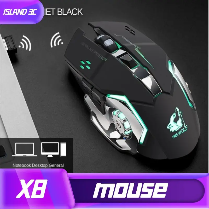 Free Wolf-Souris de jeu mécanique sans fil, X8, silencieuse, rétroéclairée, ergonomique, aste, optique, pour PC portable et de bureau