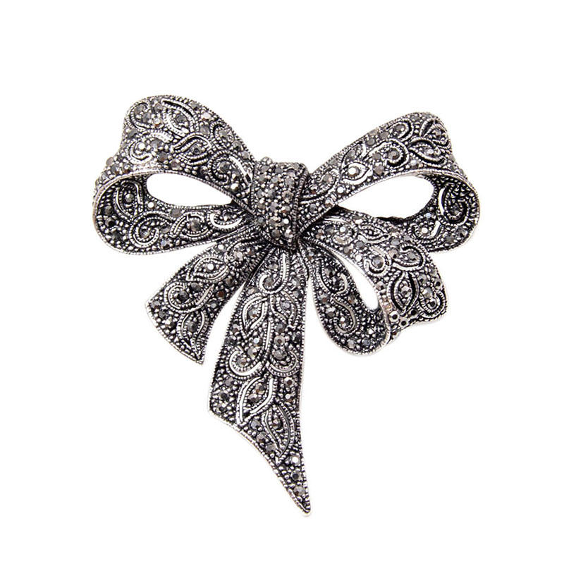schwarz Farbe Strass Bogen Broschen für Frauen Große Bowknot Brosche Stift Jahrgang Schmuck Winter Zubehör