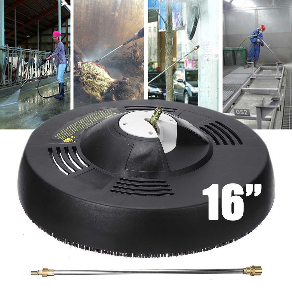 16'' Alloy Patio Pressure Washer Surface Cleaner Round Garage Door Driveway Rotary Brush 1/4 Quick Connect Straight Extension