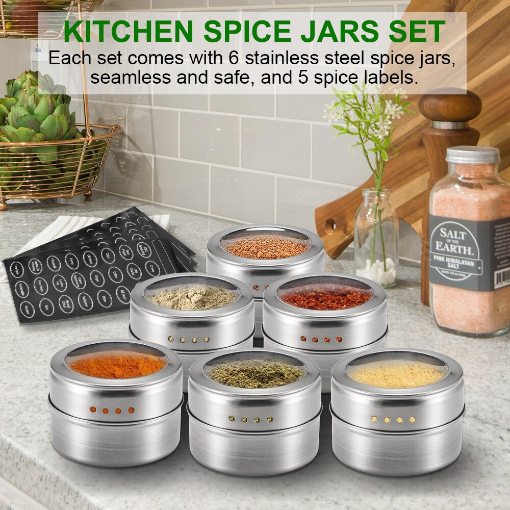 Stainless Steel Magnetic Spice Jars Tins Container Set with Clear Lid Labels Magnetic Spice Tins Jars Seasoning Pepper Organizer