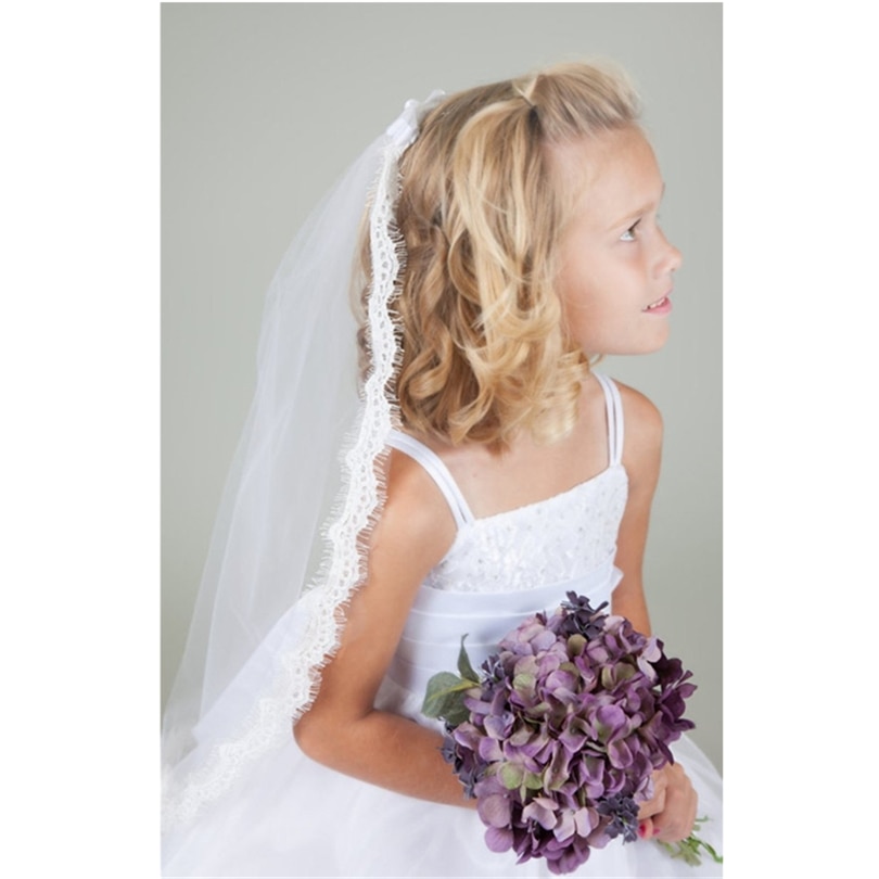 Wedding Flower Girls First communion Veils Lace Edge Children Kids Tulle Veils With Comb Bow Voiles Mariage Fille velos de Novia