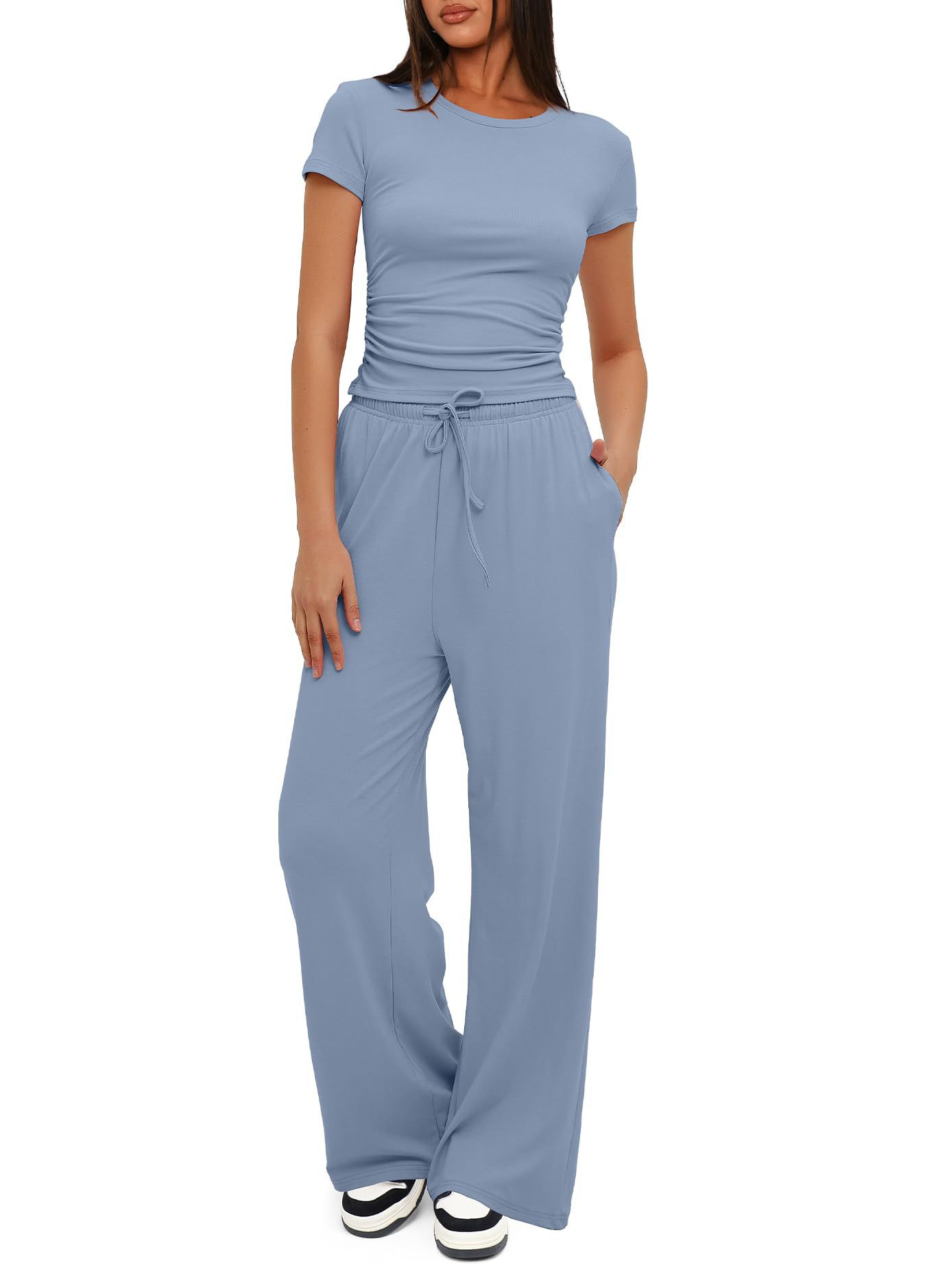 Conjunto de dos piezas para mujer, camiseta y pantalones de pierna ancha, manga corta, cintura alta, sólido, multicolor, deportivo, Yoga, chándal informal: S / Azul