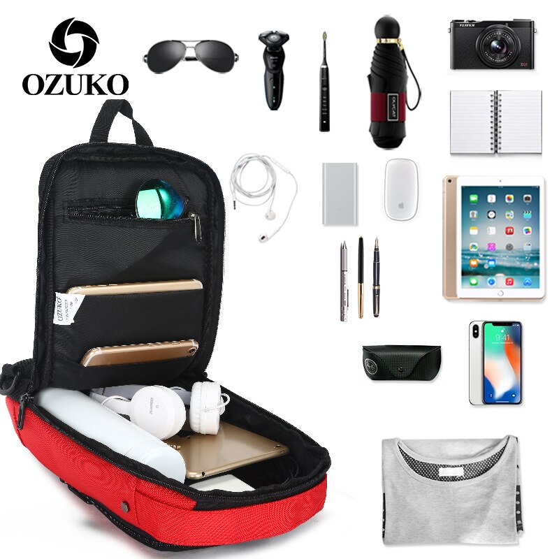 OZUKO Multifunction Waterproof Crossbody Bag Travel Men Chest bags External USB interface Sports shoulder bag Chest Pack