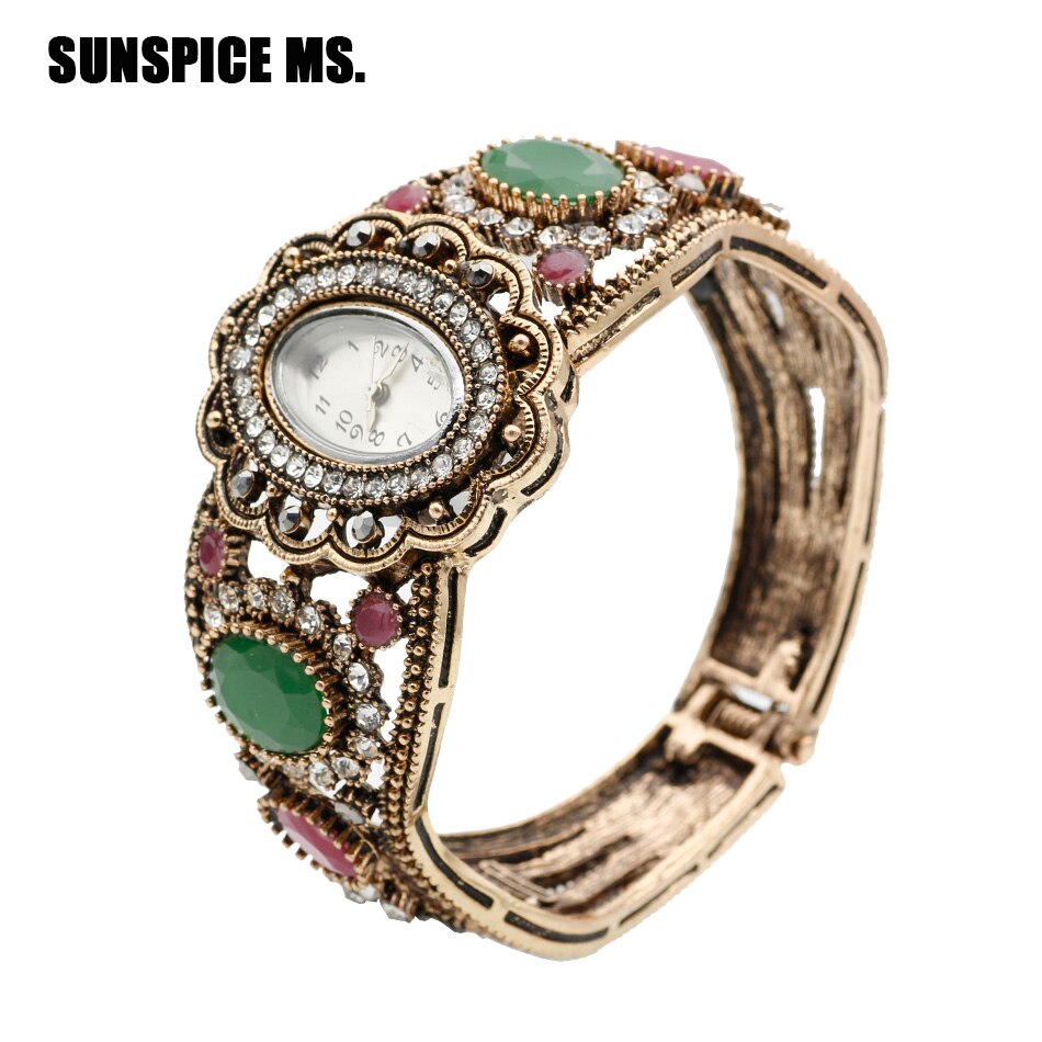 SUNSPICE-MS Quartz Horloge Retro Vintage Armband Manchet Horloge Vrouwen Antieke Goud Kleur Hollow Bloem Indian Sieraden Grijs Kristal: 1535newgreen