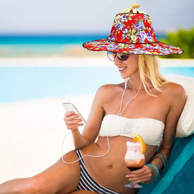 Sombrero de bambú con abanico de mano plegable, 2 en 1, portátil, estampado Floral, para viajes al aire libre, playa, vacaciones, verano,