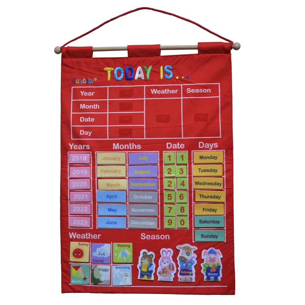 Kindergarten Infant Teaching Educational Toy Cloth Learning English Letter Weather Date Season Teach Tool Calendar Hanging Bag: Red