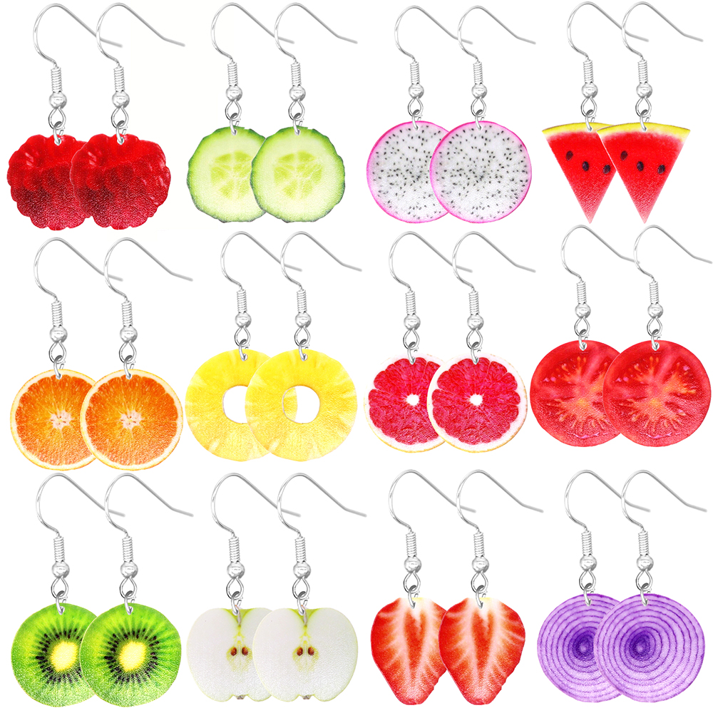 Løg æble tomat jordbær vandmelon mandarin ananas agurk skive dingle øreringe sød stil trendy kvinde