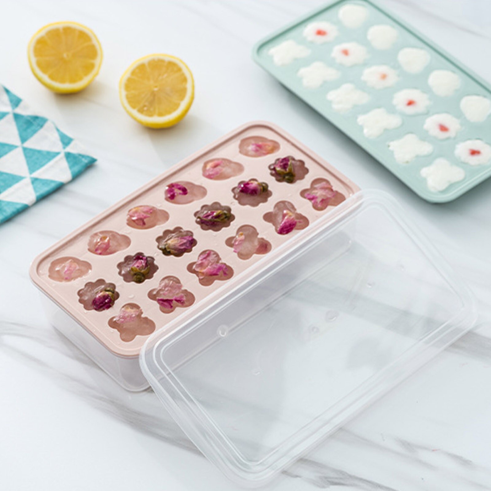 25# Ice Cream Mold Homemade DIY Cartoon Flower Ice Tray Multi-cell Ice Maker Juice Whiskey Ice Cube Tray With Lid Kitchen Tool