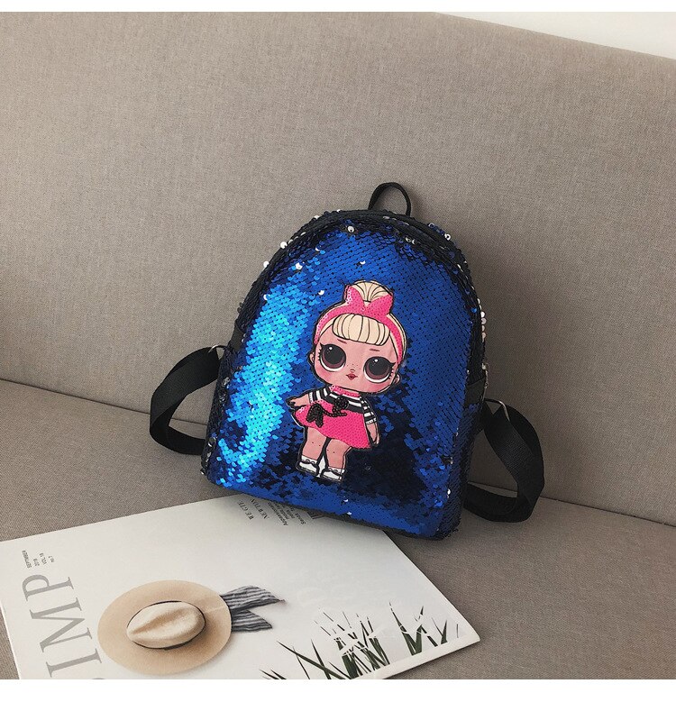 9 Inch Pu Backpack,Sequins Backpack,Cute Girl Print Shoulder Bag,School Bag for Teenager: blue