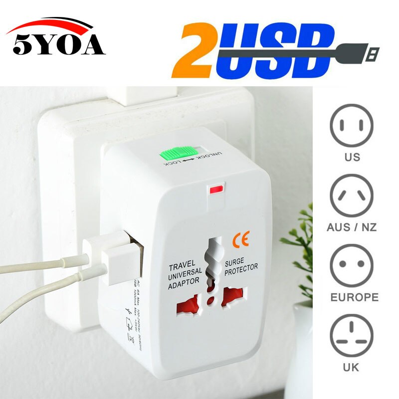 Universal World Charger Adapter Plug All in one Travel AC Power Adapter Converter US UK AU EU Plug Socket Electrical Option USB: 2 USB