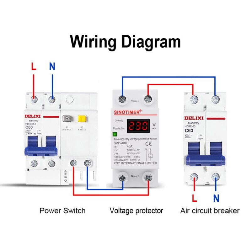 AC 230V LED Din Rail Adjustable Automatic Recovery Over Under Voltage Relay Self-resetting Overvoltage Protective Device W91B