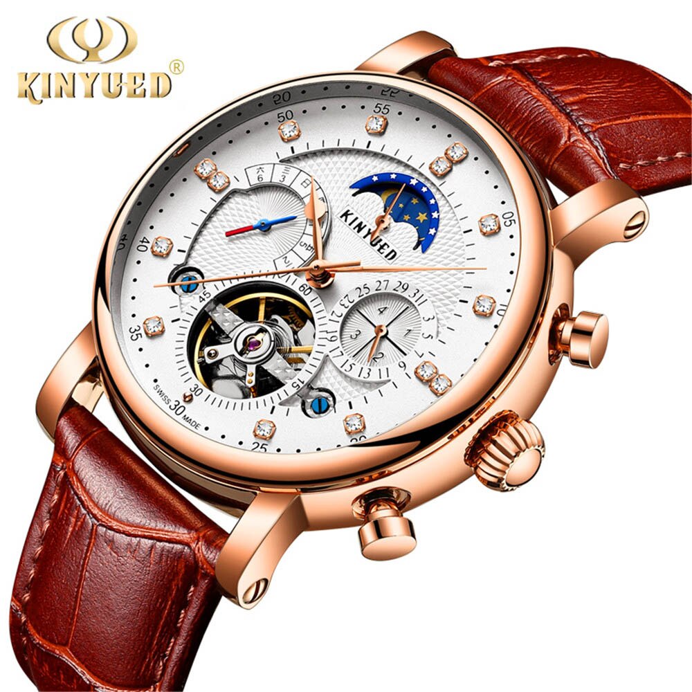 KINYUED-reloj mecánico totalmente automático para hombre, de , informal, totalmente funcional, Tourbillon, de negocios, luminoso, resistente al agua, J025: White