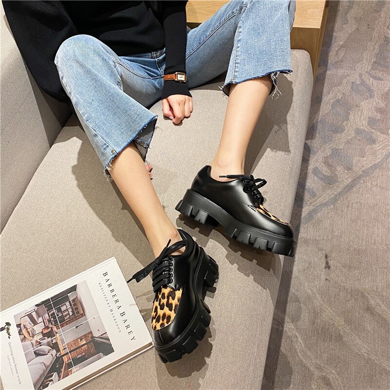 Lente herfst dames plateauschoenen dikke zool casual schoenen dames flats veterschoenen oxford schoenen dames schoenen loepard
