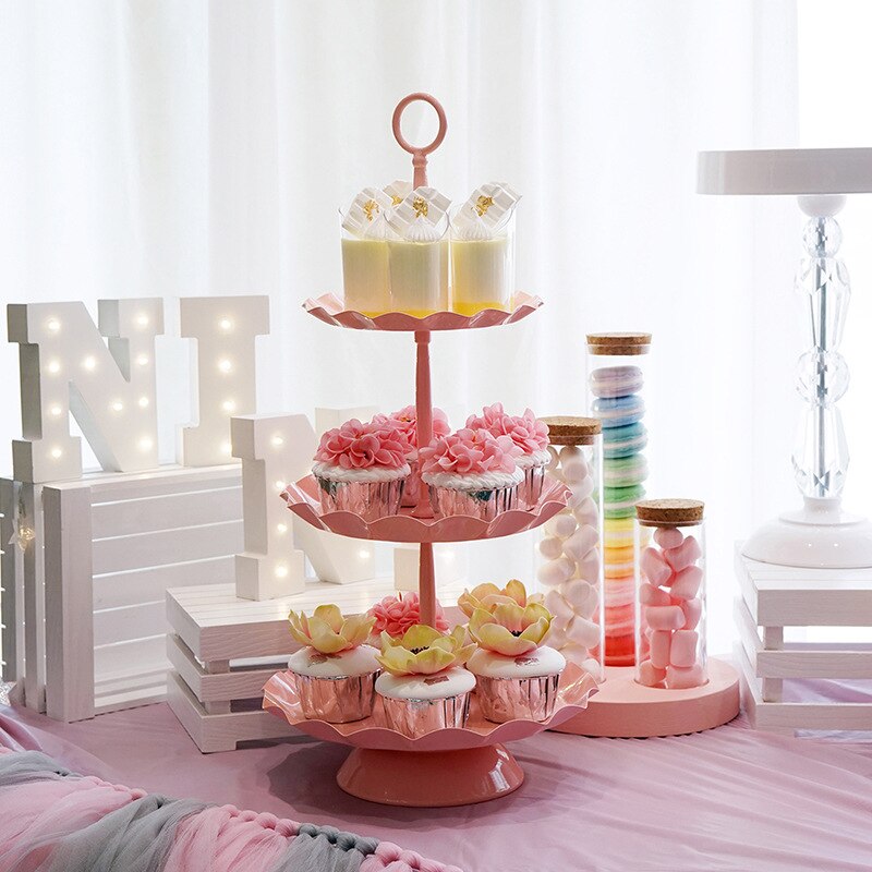 Pink Wavy Style Cake Stand Combination Princess Party Dessert Stand Daughter Birthday Cake Tray Cake Decoration Accessories