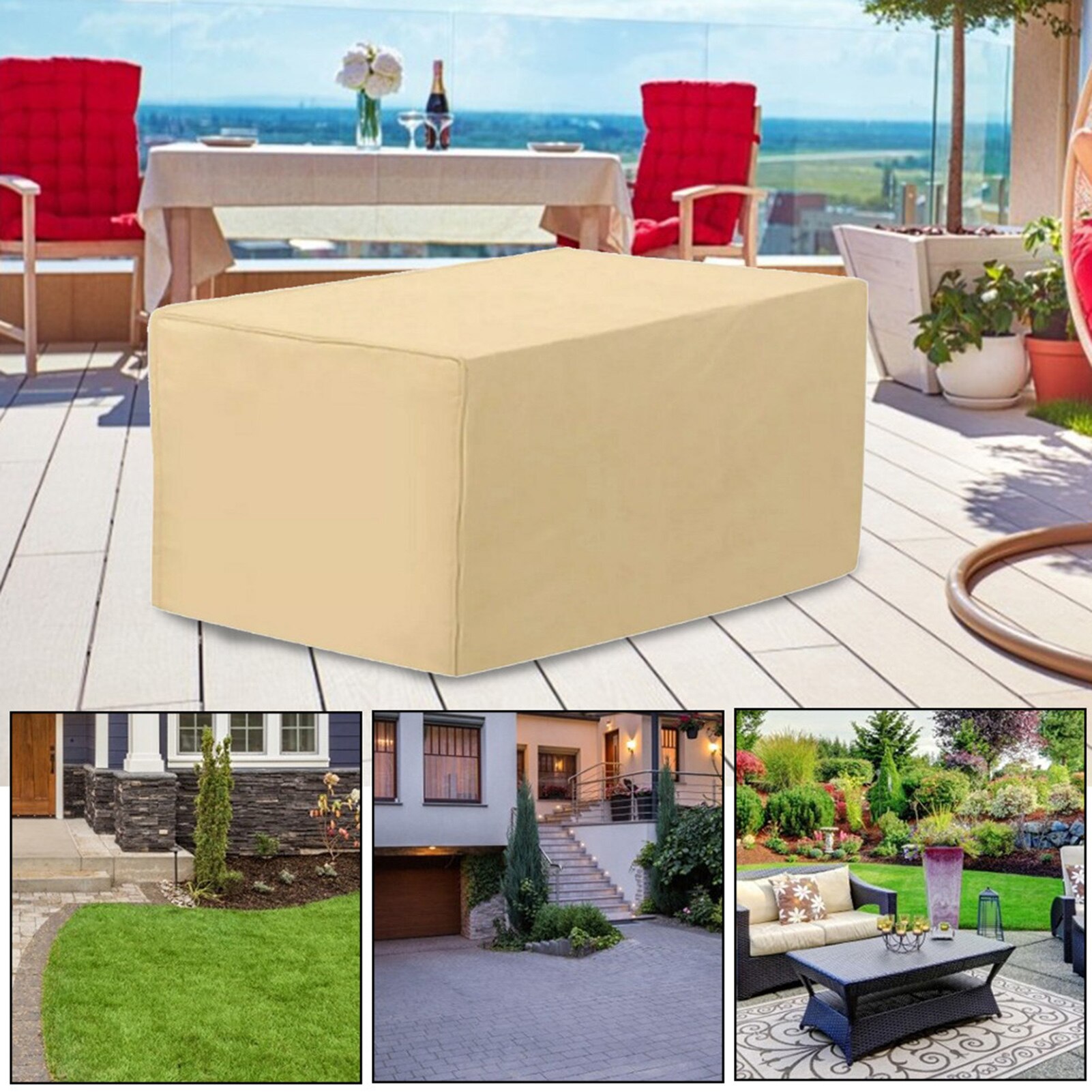 Tuinmeubilair Cover Stofdicht Patio Tafel Cover 420DPU Oxford Doek Beige Tuin Tafel Stoel Stofkap Waterdichte Hoes