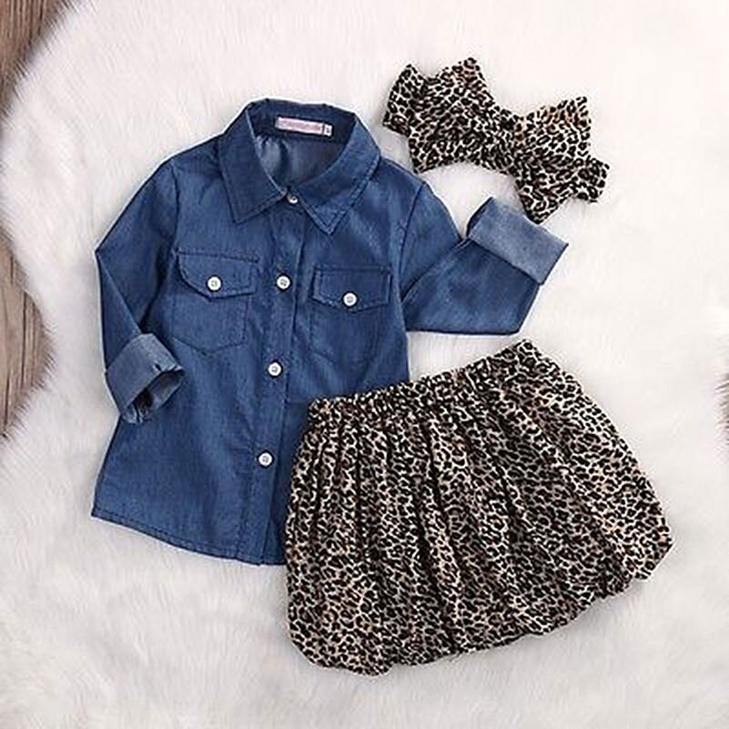 Baby Meisjes Kleding Set Mode Kleding Peuter Drie stuk Denim shirt Luipaard Broek Strik Hoofdband 0-6 Jaar spelen Matten