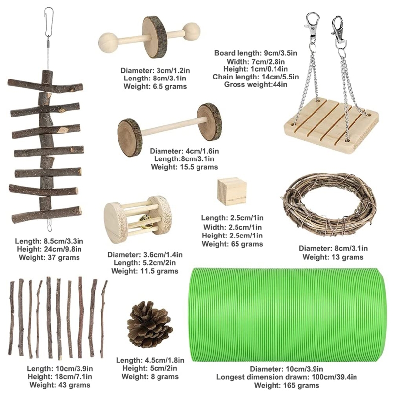 Hamac balançoire en bois, jouets à mâcher en forme de lapin, tubes à brindilles, blocs Wooen pour petits animaux de compagnie, soins dentaires, 12 pièces