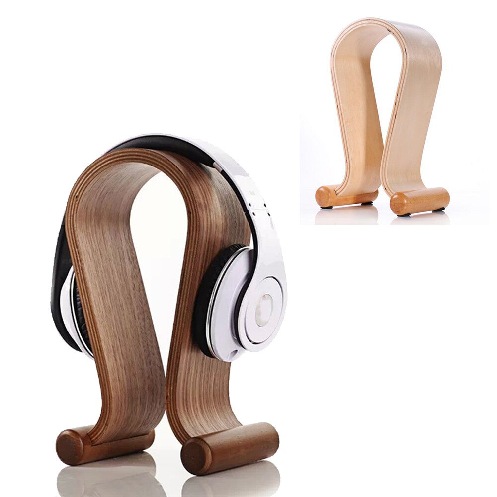 Træ hovedtelefon stativ, headset øretelefon bøjle holder mount omega form valnød/birk finish til alle hovedtelefon størrelser
