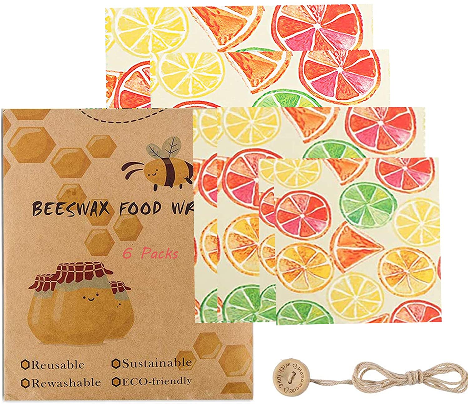 Anjielosmart Reusable Food Wraps Roll custom food wrapping Wrap Eco Friendly Sustainable beeswax wrap for Food Storage: 6pcs Lemon