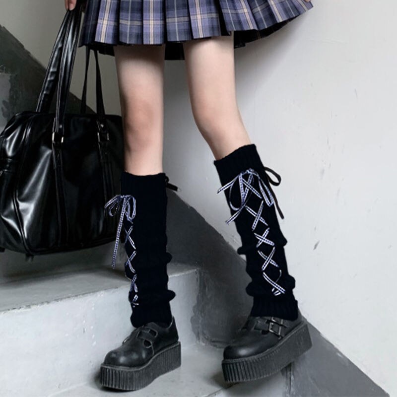 Calentador de piernas para niña, calcetín de calle Hipster a rayas con cordón, lazo Jk, para otoño e invierno,