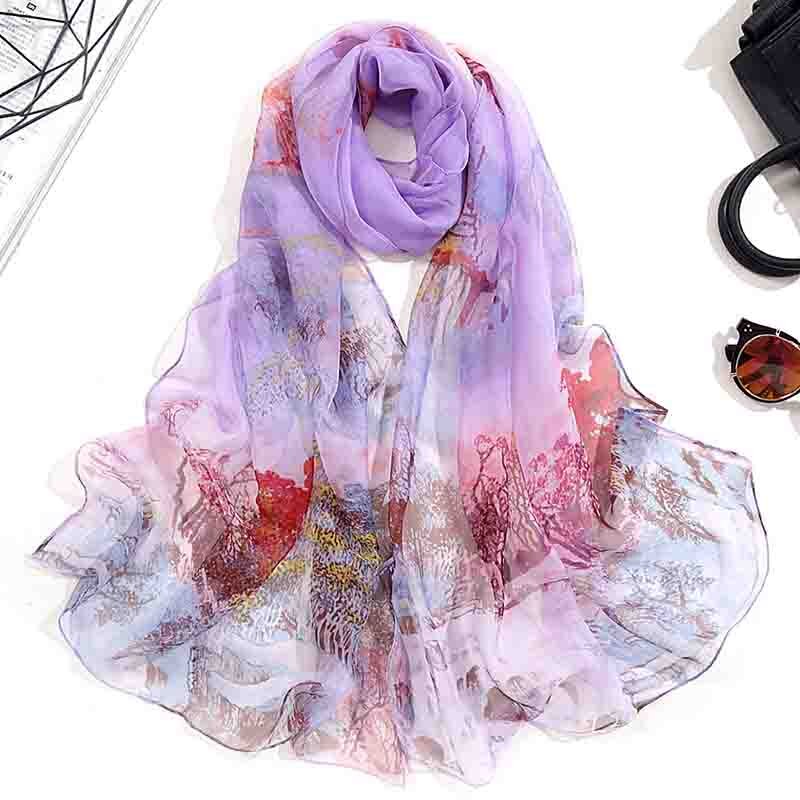 Spring Summer Autumn Women's Thin Silk Scarves Simulation Silk Wild Georgette Gradient Sunscreen Printing Multicolor Scarf A51: landscape violet