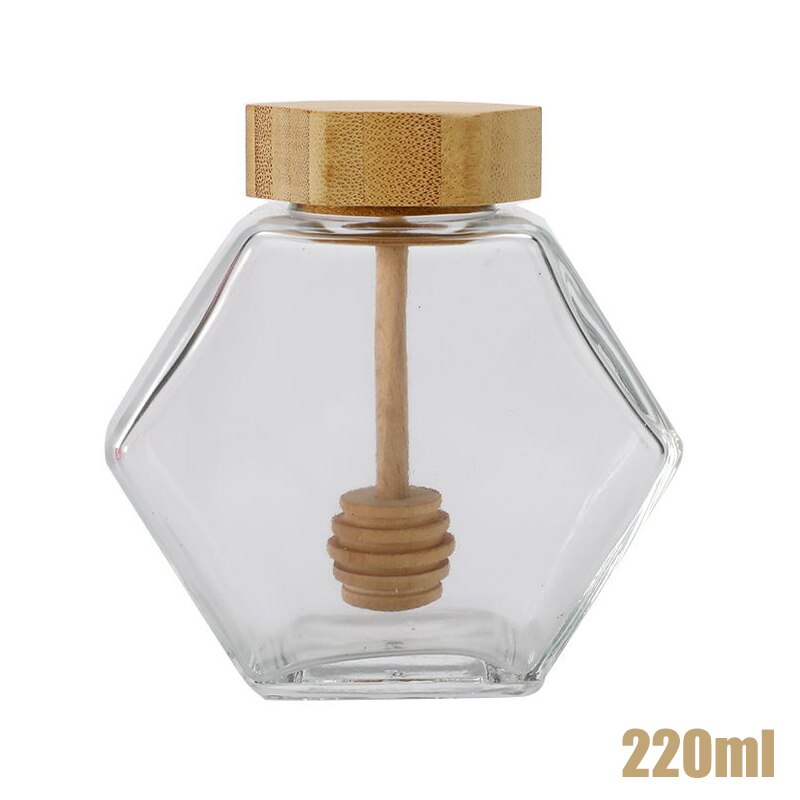 220ML/380ML Hexagonal Glass Honey Bottle with Wooden Stirring Rod Packaging Bottle Small Honey Bottle Container Honey Jar: White