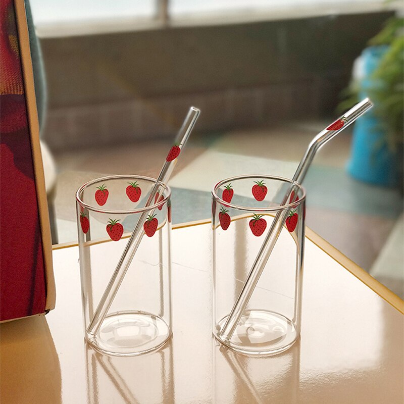 Ins Nana-vasos de fresa resistentes al calor para café, leche, agua, con pajita, transparentes, bonitos, para zumo, bebidas frías