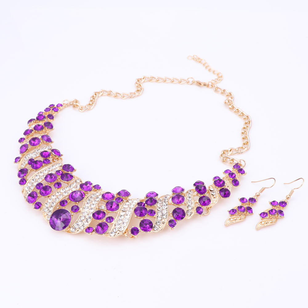 Mode Vrouwen Bruiloft Kettingen Sets Vintage Kraag Rhinestone Crystal Choker Kettingen Etnische Maxi Sieraden Sets: Purple