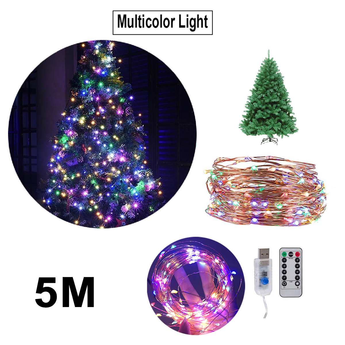 150cm 5ft Artificial Christmas tree with led light fiber optic Metal Stand For Home Christmas Festive Decoration: 5m multicolor