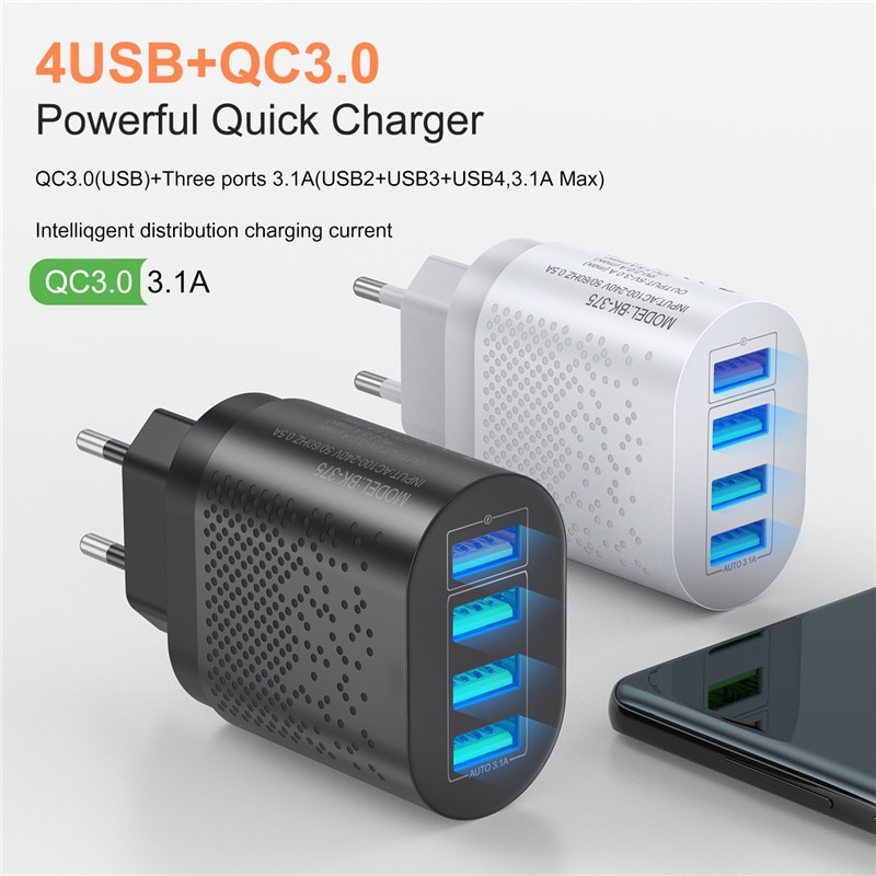 KSTUCNE 48W 4 Ports LED Quick Charge 3.0 USB Charger Fast Charging Wall Charger Adapter For Samsung Xiaomi Mobile Phone Charger