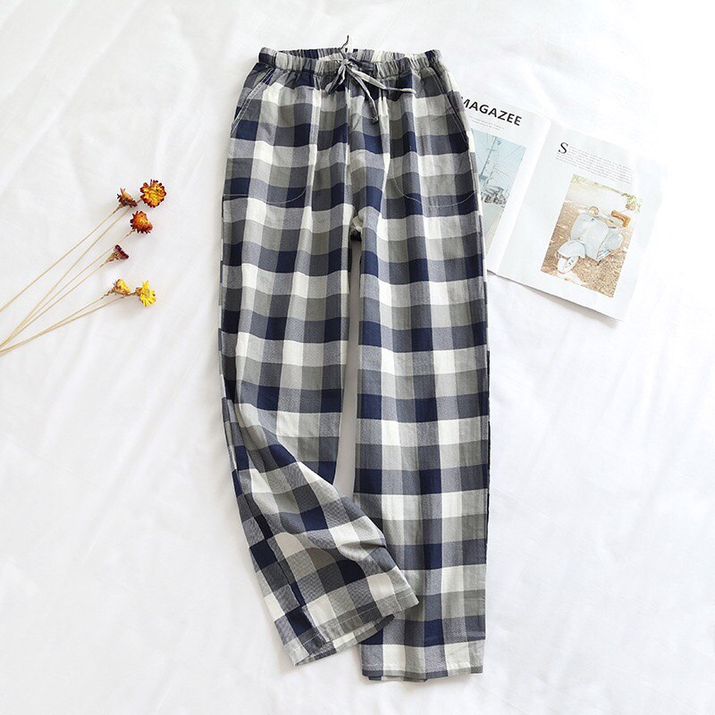 Spring & Fall Men And Women Lovers' Sleep Bottom Couples Gauze Cotton Plaid Loose Sleep Pants Elastic Waist Homewear Pants