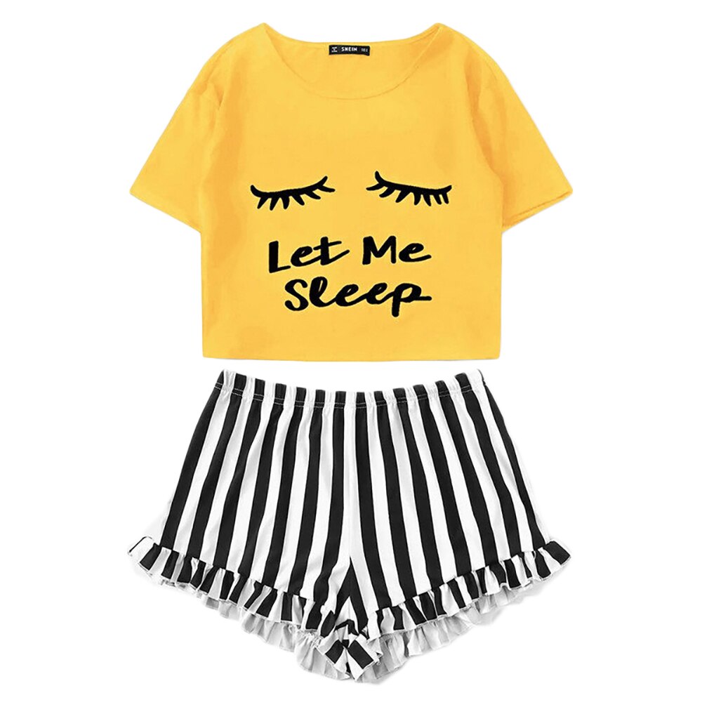 Zwart Grafische Tee Frilled Gestreepte Shorts Ronde Hals Korte Mouw Set Zomer Vrouwen Patchwork Nachtkleding: yellow / XL