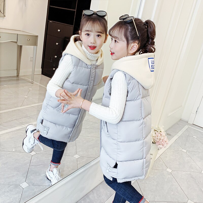 Winter warm vest voor kinderen meisjes tieners witte capuchon dikke donsjassen pure kleur mouwloze vesten outdoor jassen