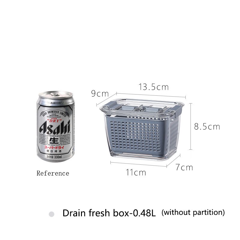 Kitchen Plastic Storage Box Refrigerator Fruit Vegetable Drain Crisper Fresh-Keeping Box with Lid Kitchen Storage Containers: 0.48L