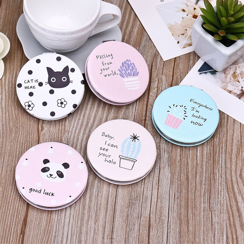 Espejo redondo pequeño de cuero PU, espejo plegable de doble cara para chicas, espejo portátil con estampado de plantas y gatos, Espejos de maquillaje decorativos