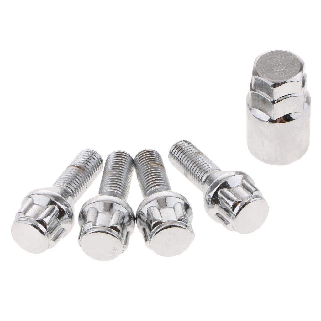 5pcs/Set 14mm M12 Anti-theft Wheel Bolts &amp; Lock Lug Nut Cap with Key 4+1 for Hyundai, Chevrolet, Ford, SGMW