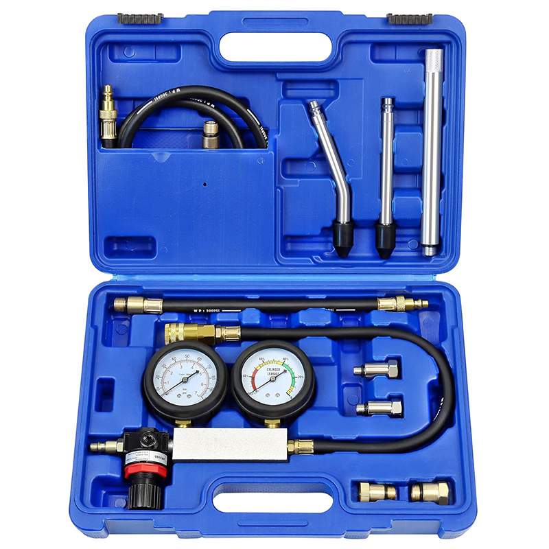 Upgraded Automotive Cylinder Leak Down Tester Kit Gasoline Engine Compression Dual Gauge Leakdown Detector Tool Set: Blue