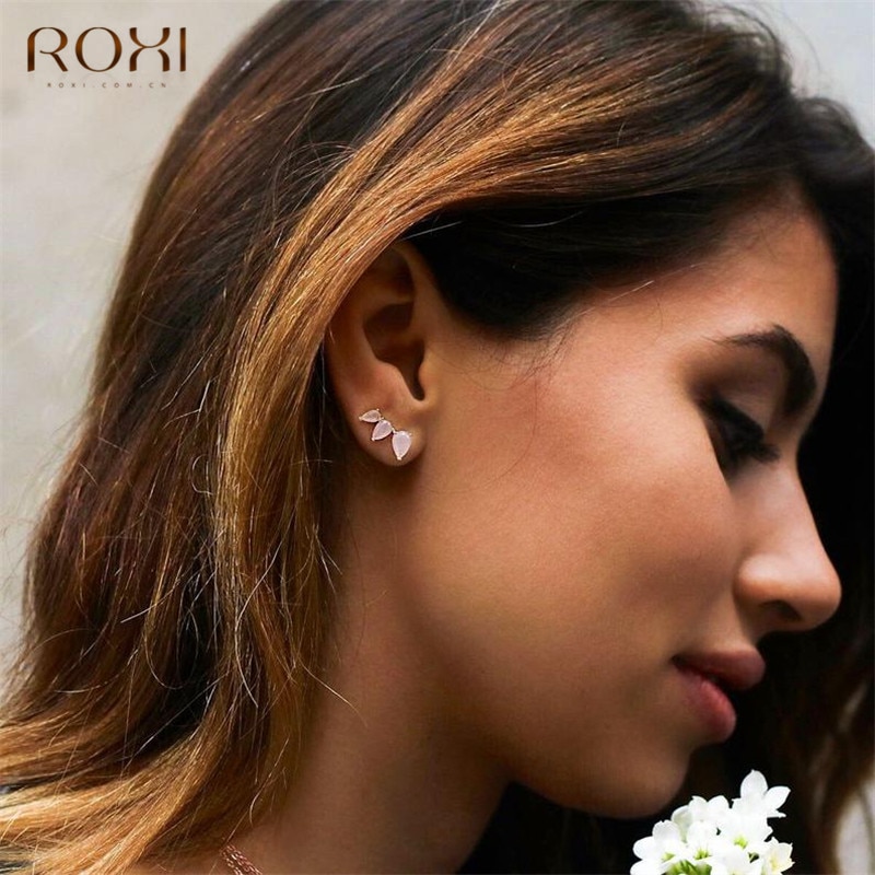 ROXI Boho Flower Ear Climber Tiny Water Stone Stud Earrings For Women Bijoux Ear Crawlers 925 Sterling Silver Earrings