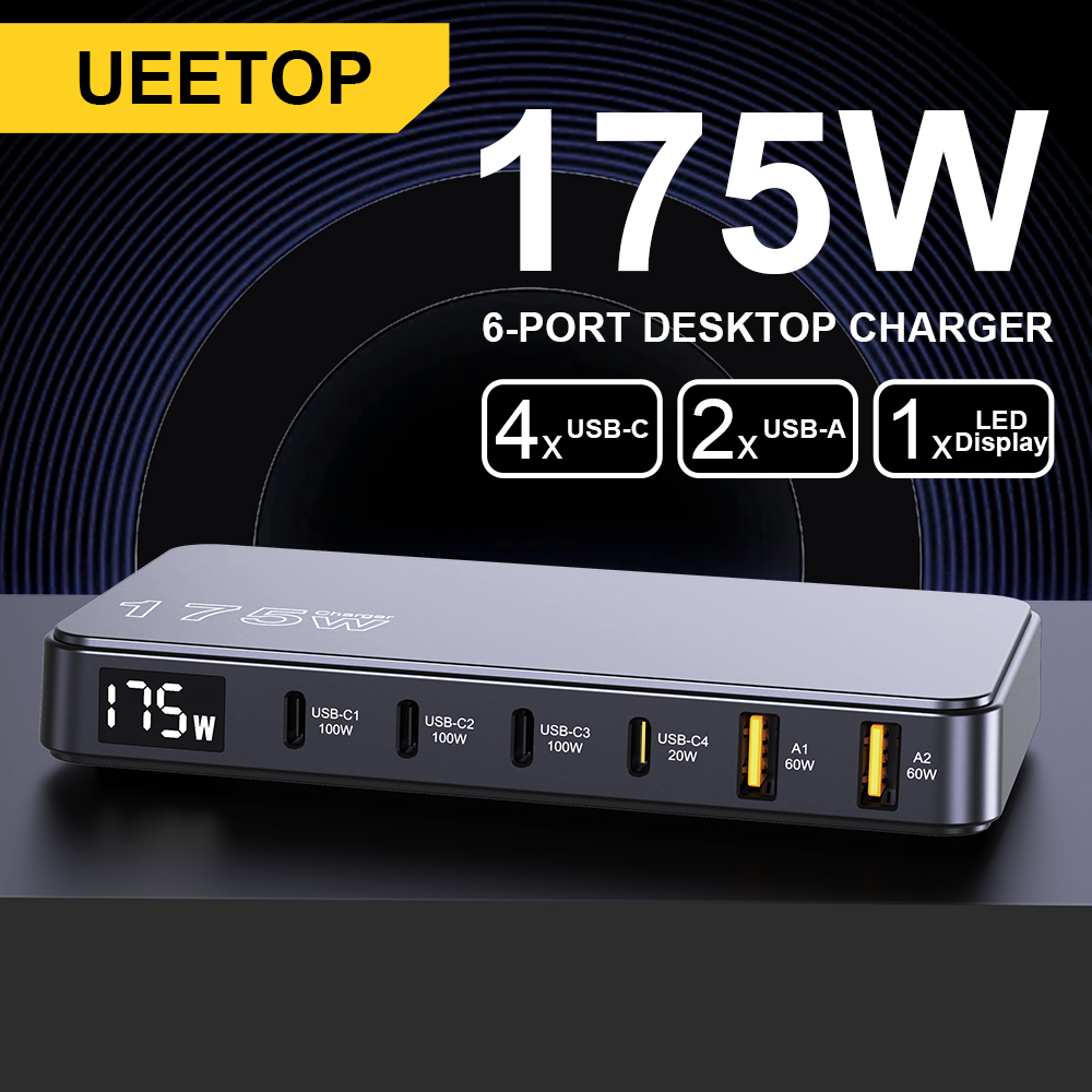 Ueetop 175w gan usb c laddare led-skärm 6- portars bordsladdare typ c  pd 100w pps 45w snabbladdning för macbook samsung iphone