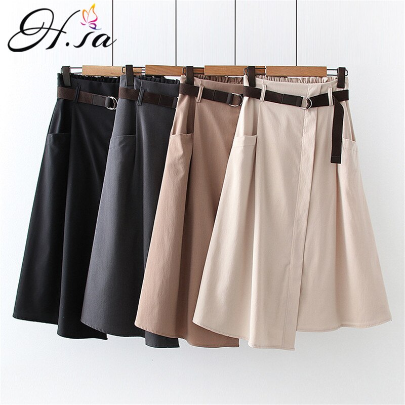 H.sa Preppy Style Girls Women Spring Summer Solid Black Split High Waist Tunic Long A-Line Skirts jupe longue femme