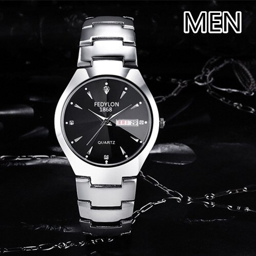 Fedylon-relojes de para parejas, de lujo, de negocios, de cuarzo, de acero inoxidable, para hombre y mujer: men black