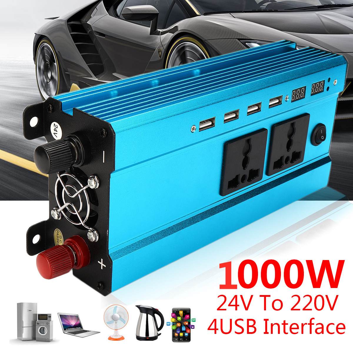 4 USB Interface Inverter 1000W 12V/24V DC to 220V Inverter Converters Voltage Transformer Smart LCD Display Power Supplies