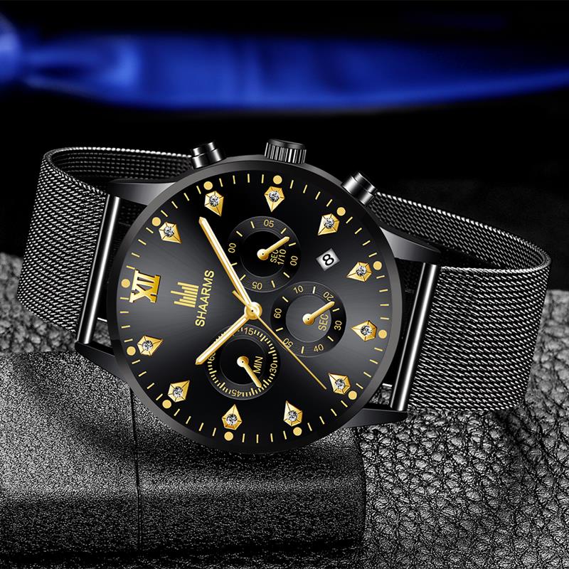 SHAARMS Men's Wristwatch Blue DialCasual Quartz Watch Stainless Steel Mesh Band Watch Date Clock Reloj Hombre