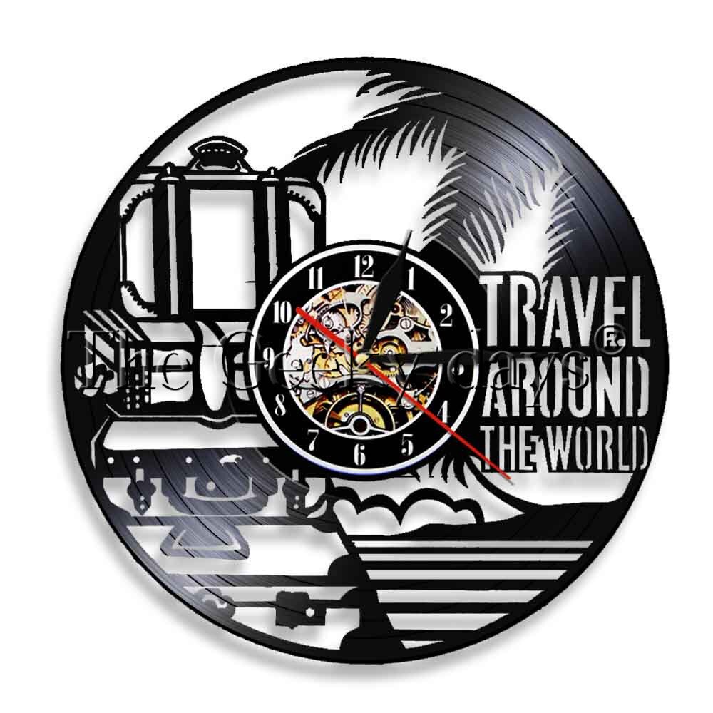 1Piece Travel Around The World Themed Vinyl Record Wall Clock World Wide Tours Led Wall Light Man Cave Bar Sign Contemporary: No LED
