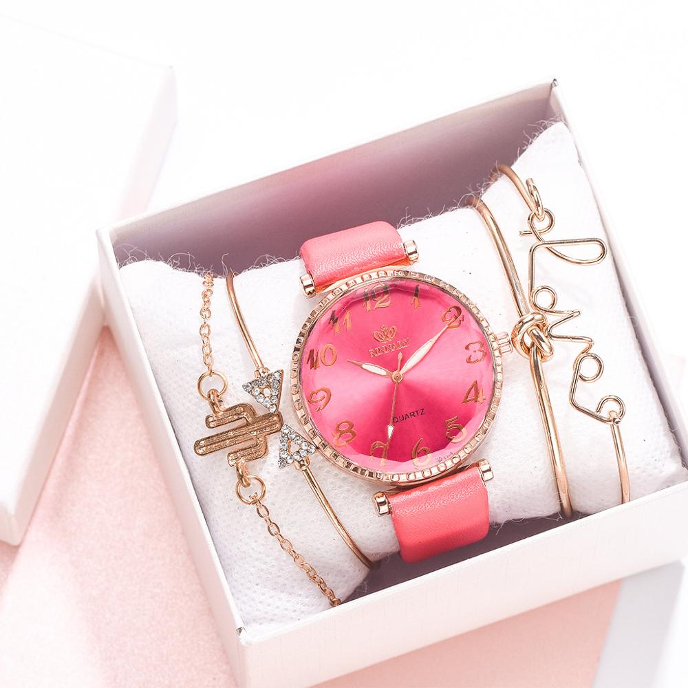 Montre Dame Lederen Band Quartz Horloge Mode Vrouwen Armband Armband Horloge Vijf Delige Set Persoonlijkheid Dameshorloge