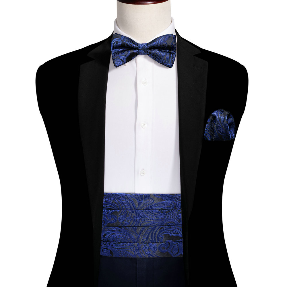 Navy Blue Cummerbund Men Silk Bowtie Pocket Square Cufflinks Sets Classic Paisley Male Accessories Wedding Party Barry.Wang 1031: army green