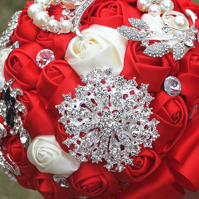JaneVini Luxury Beaded Red Wedding Bouquets for Brides Satin Rose Mariage Crystal Brooches Rhinestones Pearls Bridal Bouquet