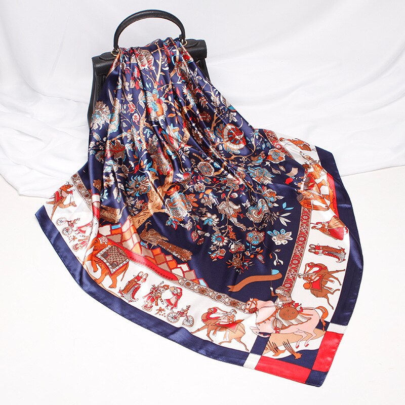 90 x 90 bloemen satijnen multifunctionele dames zijden keper sjaal satijnen vierkante strik haarband dames foulard femme handdoek bufanda sjaal